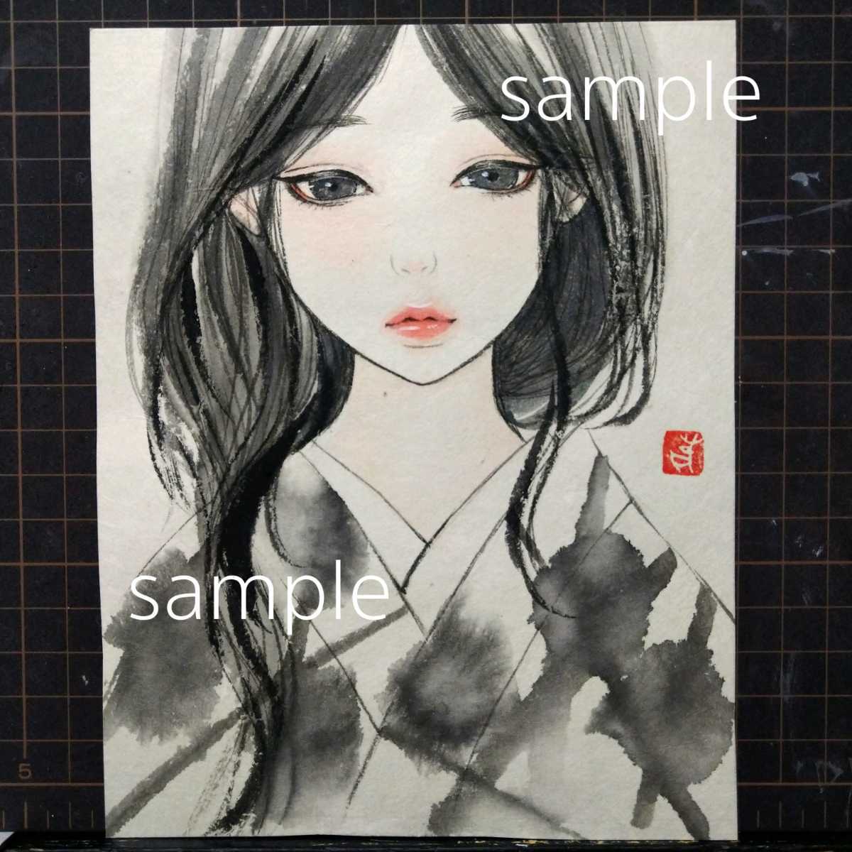 水墨画 墨絵 墨彩画《真珠の少女》むぅしか 絵画 日本画 美人画 美少女 工場